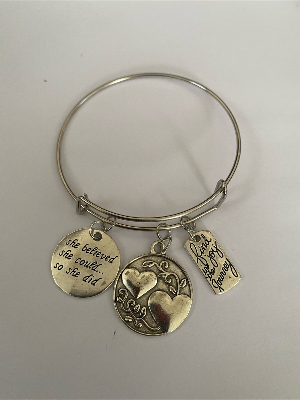 Hand Crafted Silver Charm Bangle Bracelet with Heart & Inspirational Tags